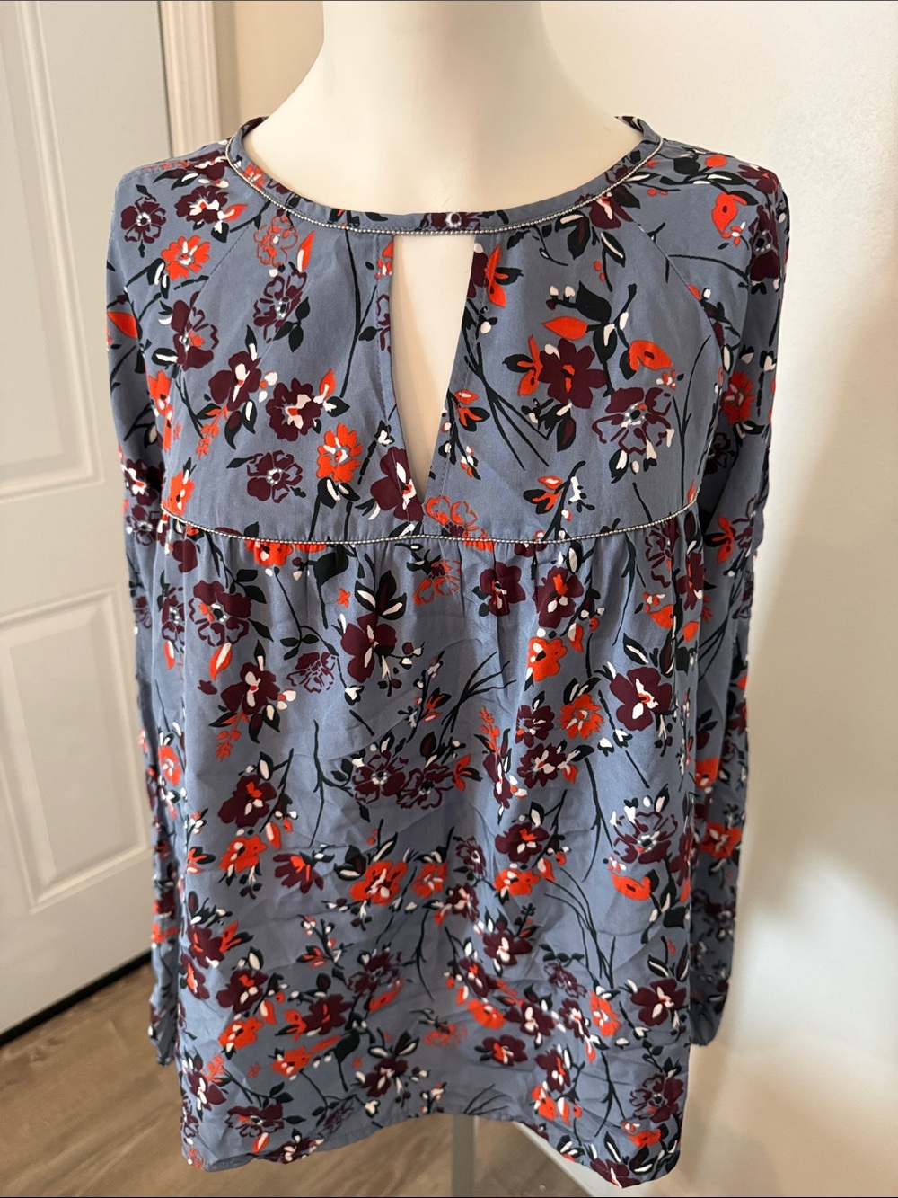 Abercrombie & Fitch Slate Blue Floral Keyhole Long-Sleeve Top